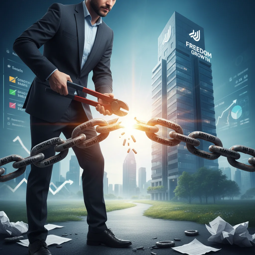 Person cutting through chains representing breaking free from bad SEO contracts