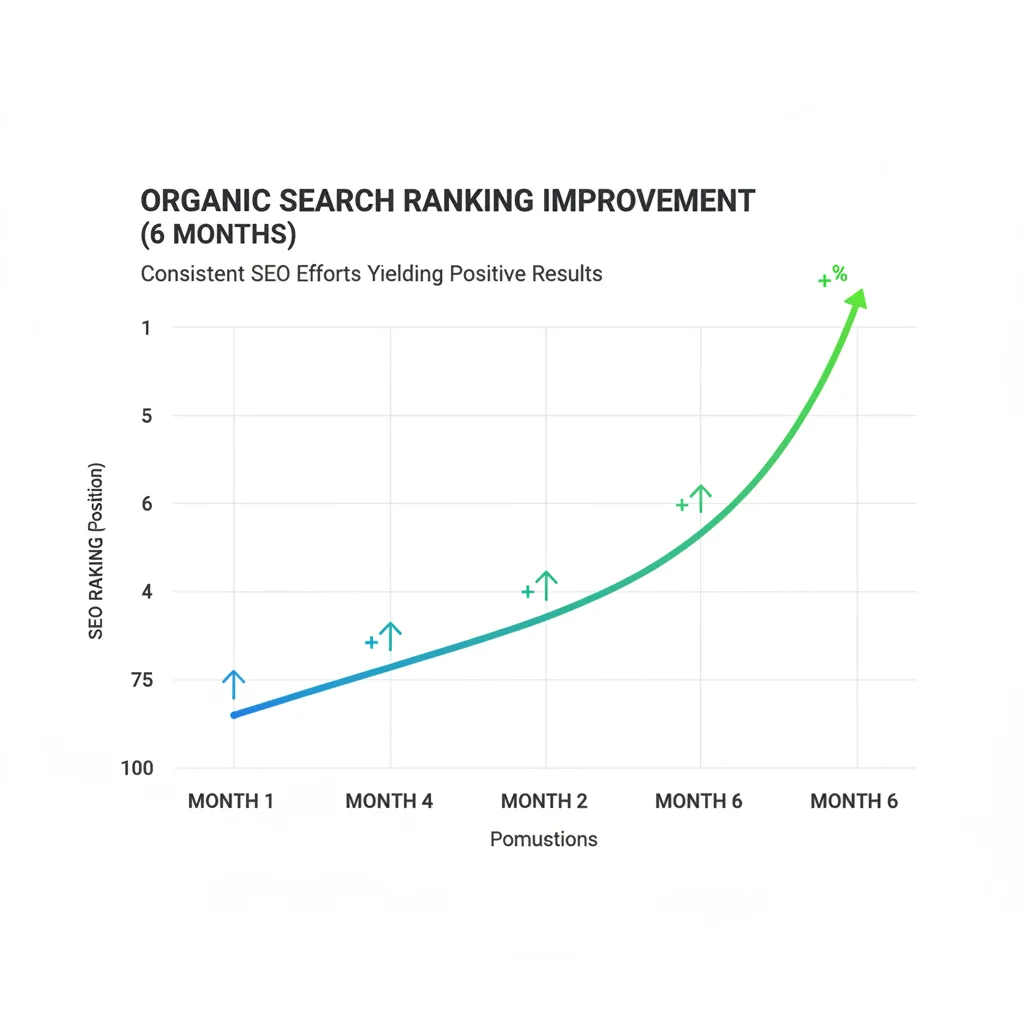 Graph showing gradual SEO ranking improvements over 6 months timeline