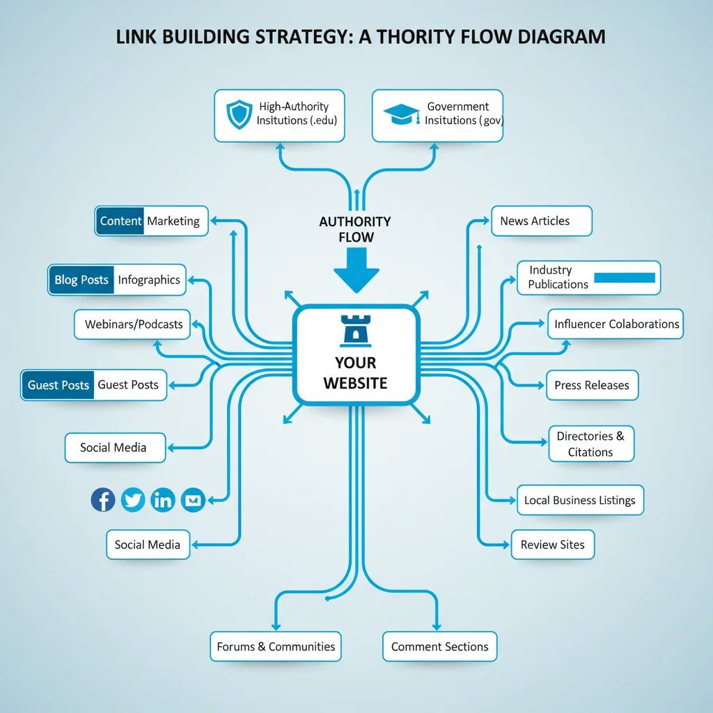 Link building strategy diagram showing various backlink sources
