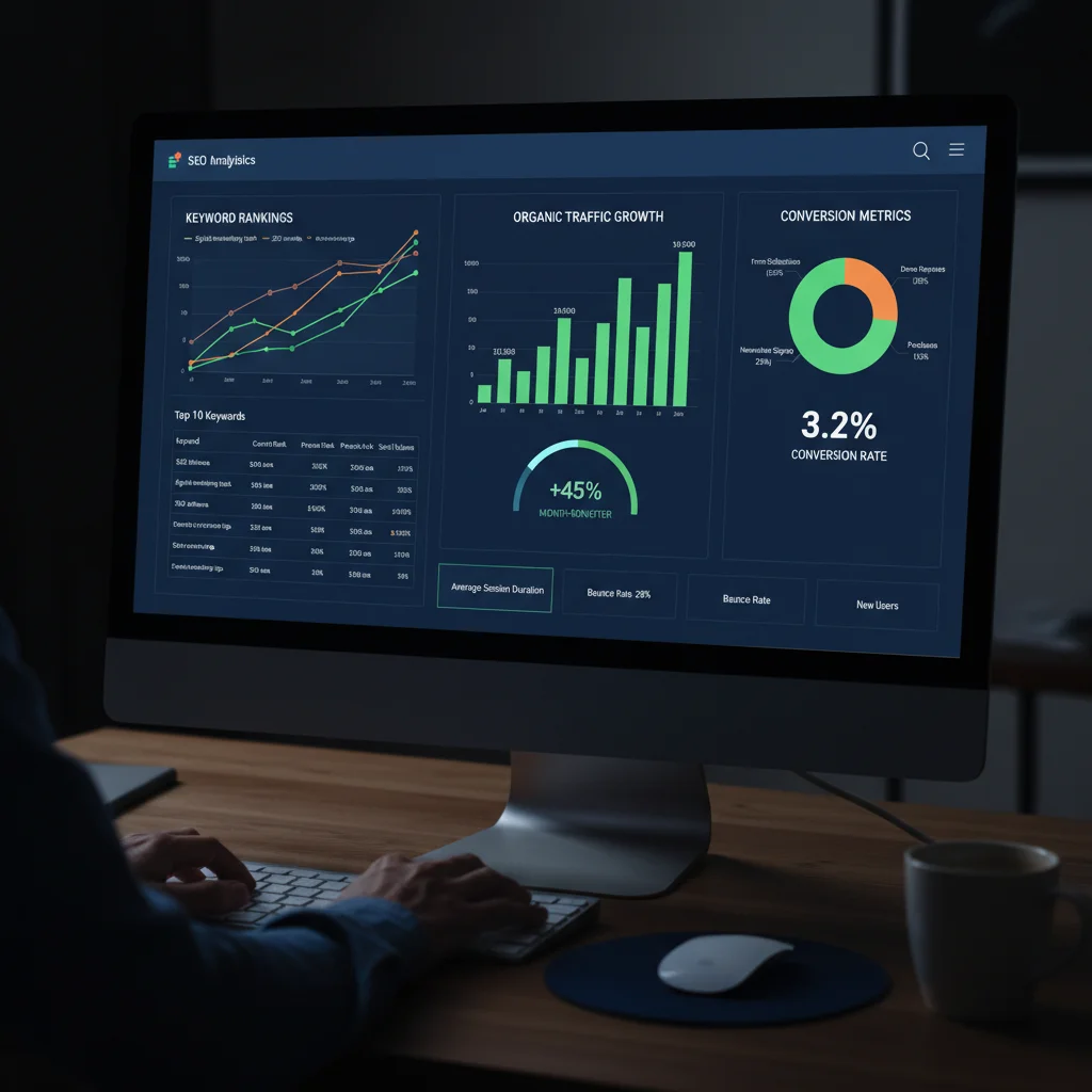 SEO analytics dashboard showing keyword rankings and traffic metrics