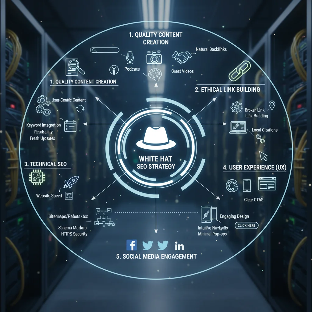 White hat SEO strategy components including quality content and ethical link building