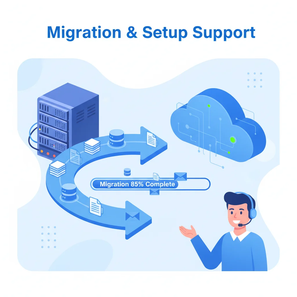 Website migration process visualization showing seamless transfer from old hosting to new hosting provider with minimal 