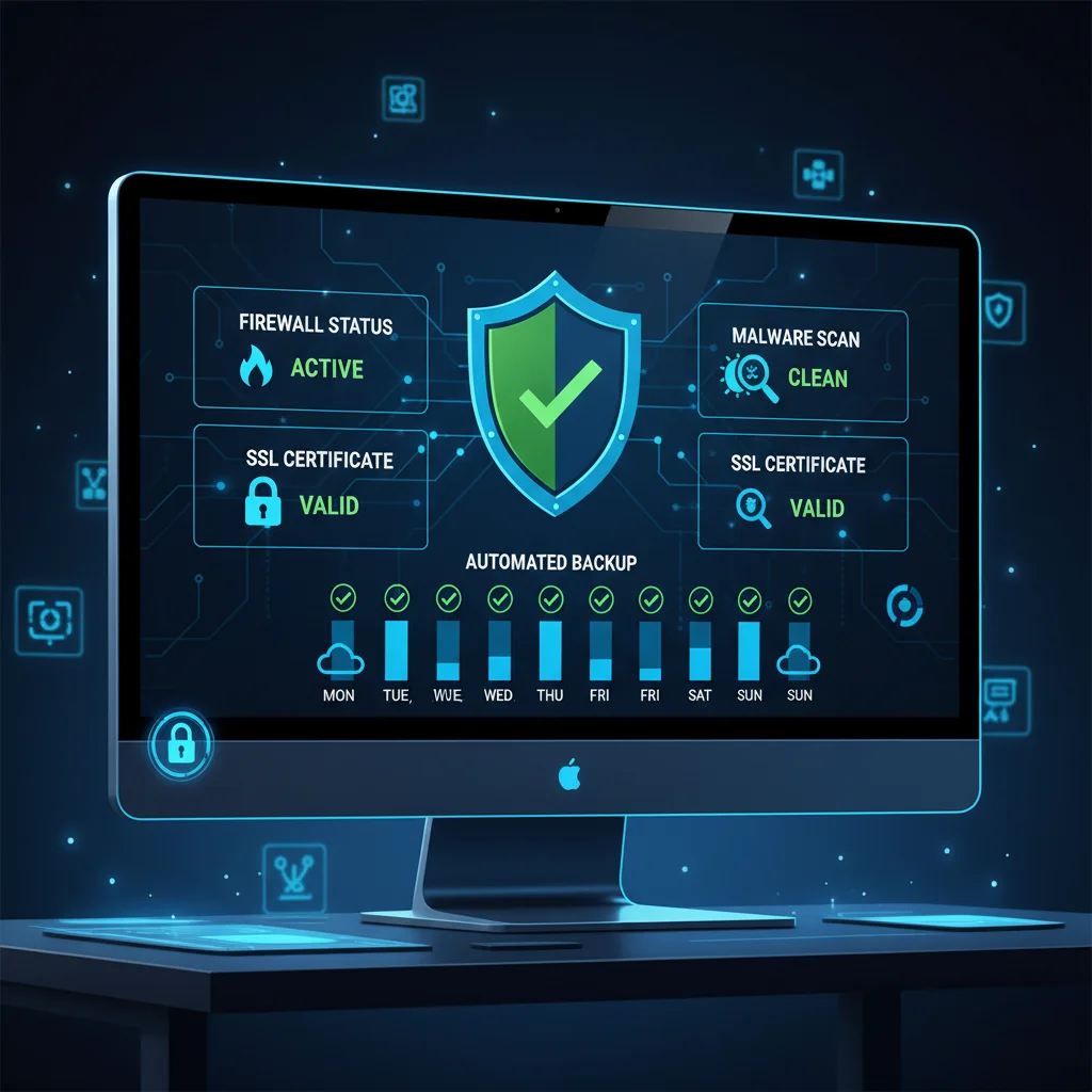 Website security dashboard displaying firewall status, malware protection, and automated backup systems