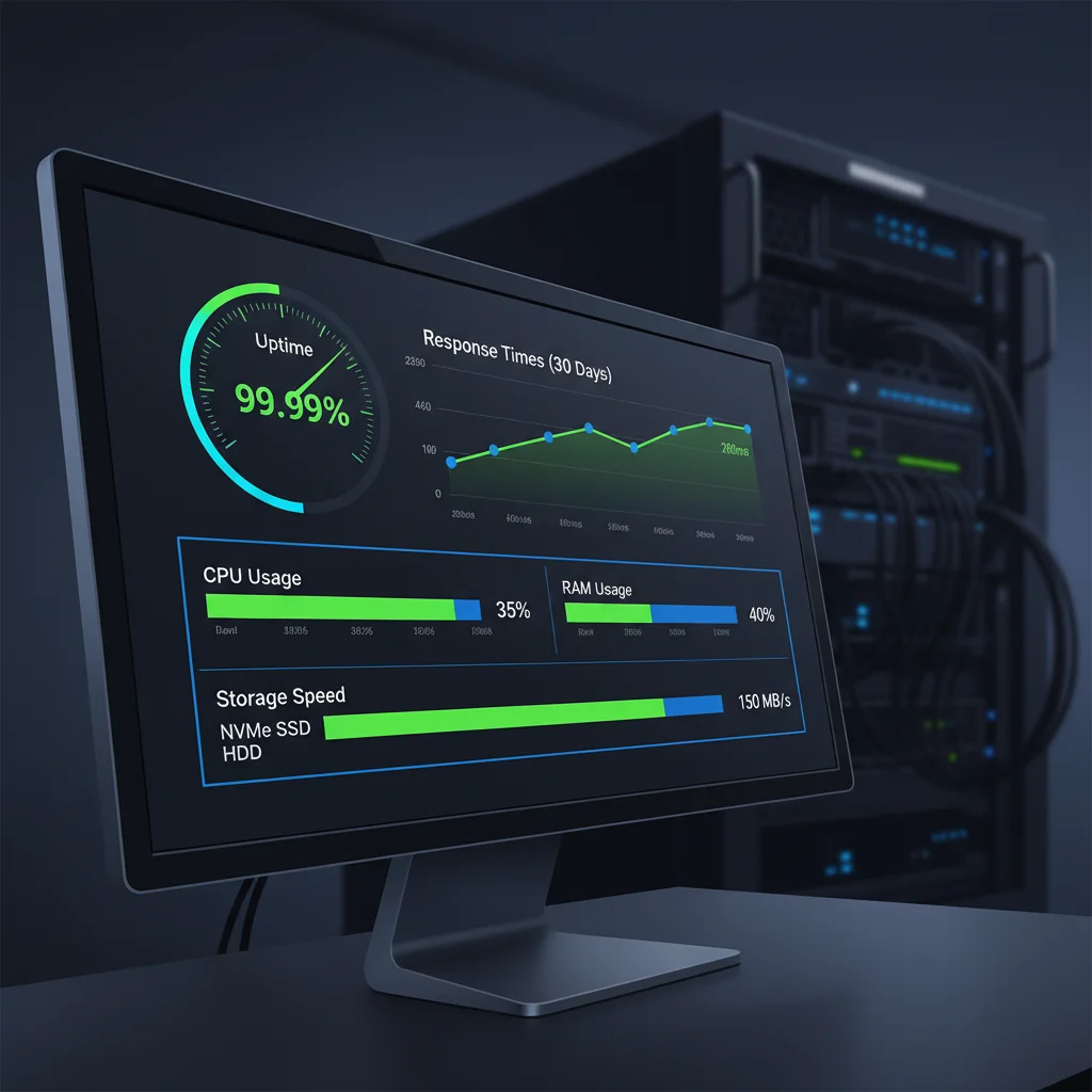 Server performance dashboard showing uptime metrics, loading speeds, and technical specifications for web hosting compar