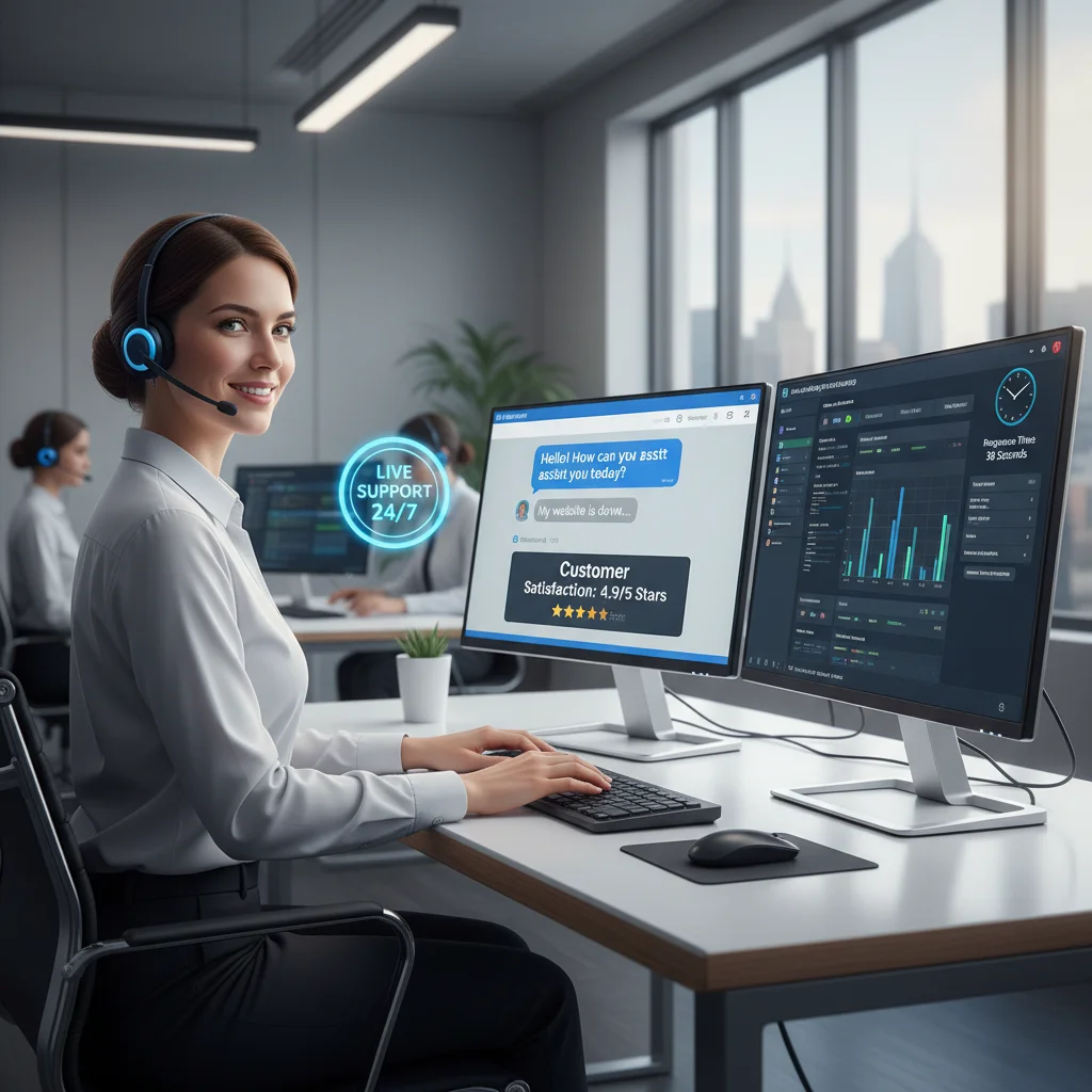 Professional customer support team working at computers providing 24/7 web hosting assistance to Australian businesses