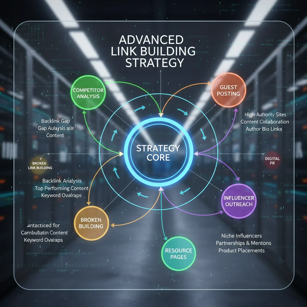 Advanced link building strategy diagram showing different tactics like competitor analysis, guest posting, influencer ou