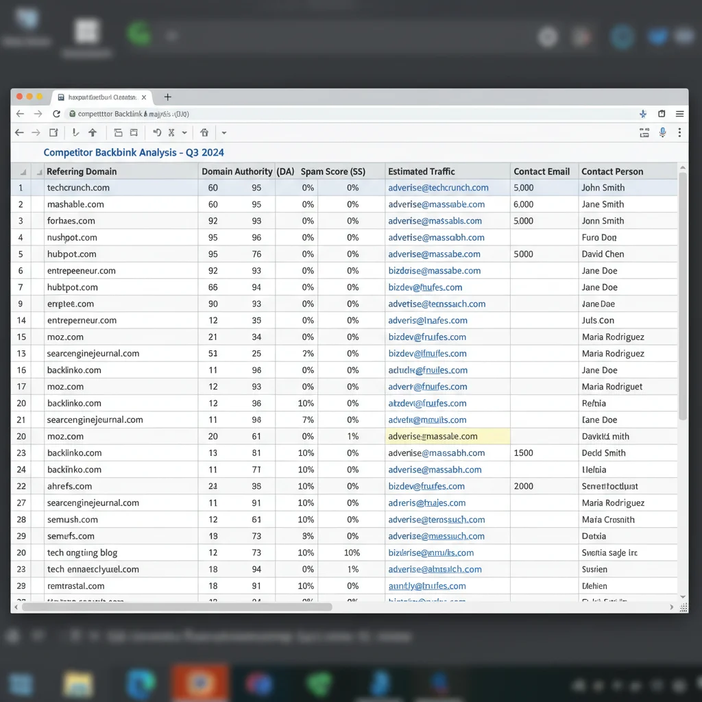 Screenshot of competitor backlink analysis spreadsheet showing domains, authority scores, and contact information