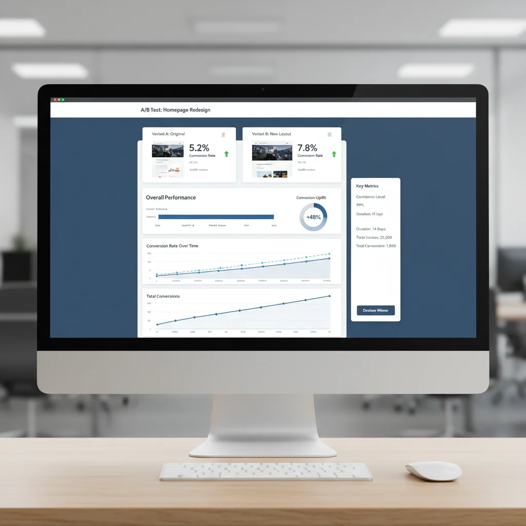 Split testing dashboard showing A/B test results for landing page conversion rates