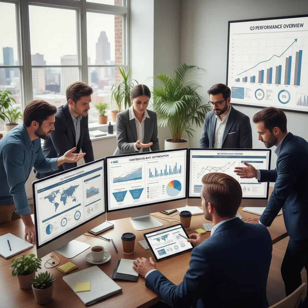 Professional team reviewing landing page analytics and conversion metrics on computer screens