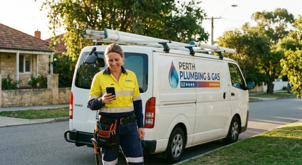 Australian tradesperson checking Google Business Profile on smartphone