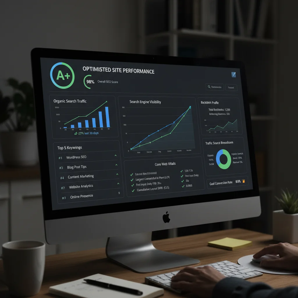 WordPress SEO dashboard showing optimised website performance metrics, search rankings, and analytics data