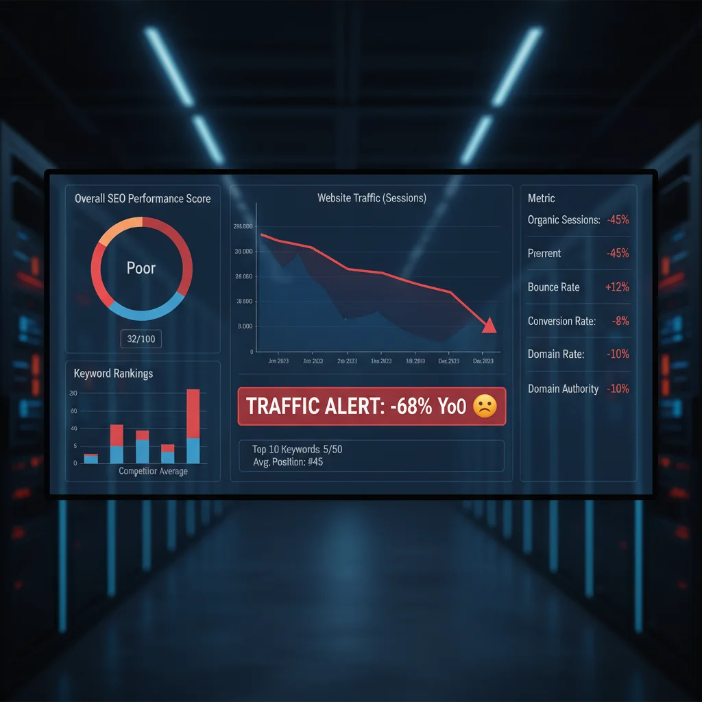 SEO team reviewing analytics dashboard showing declining website performance