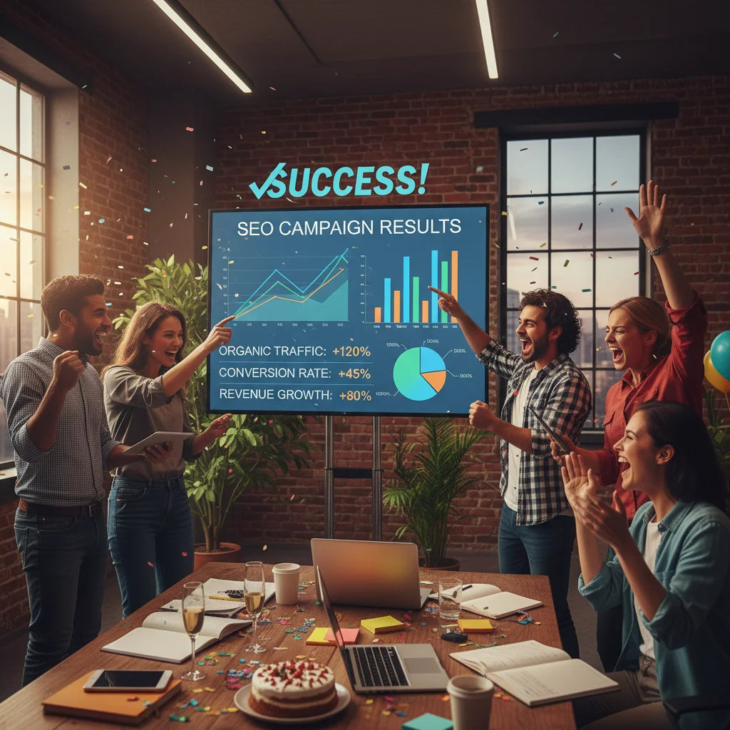 Marketing team analyzing successful SEO campaign results and growth metrics