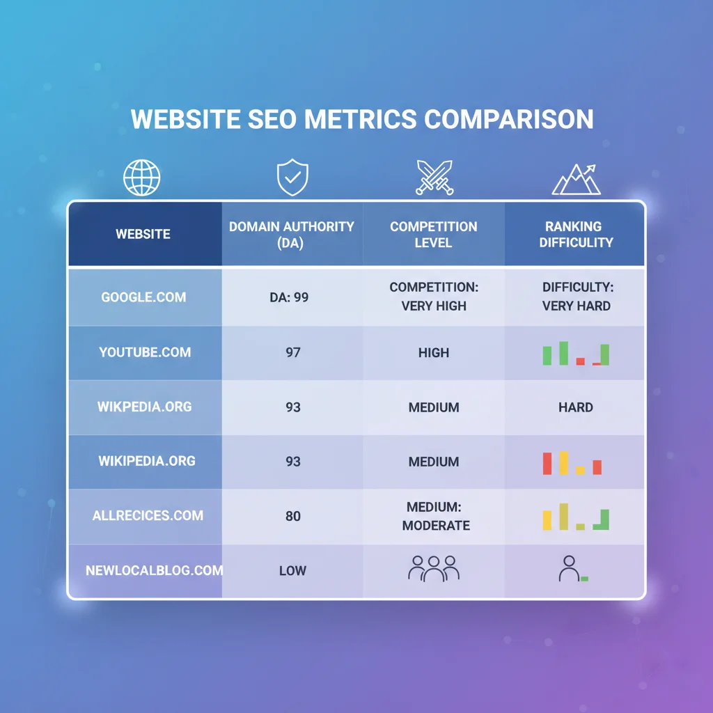 Comparison chart showing different websites with varying domain authority, competition levels, and ranking difficulty
