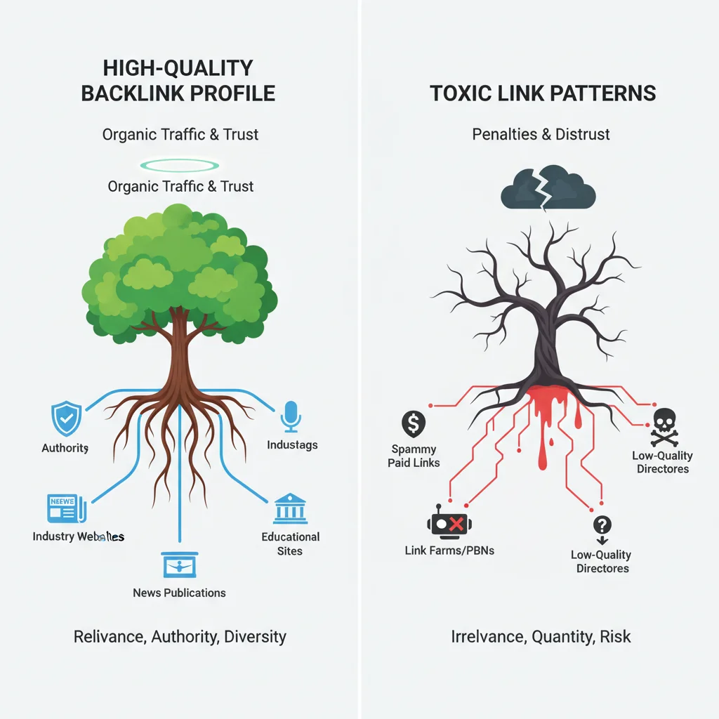 Quality backlink profile versus toxic link patterns affecting SEO