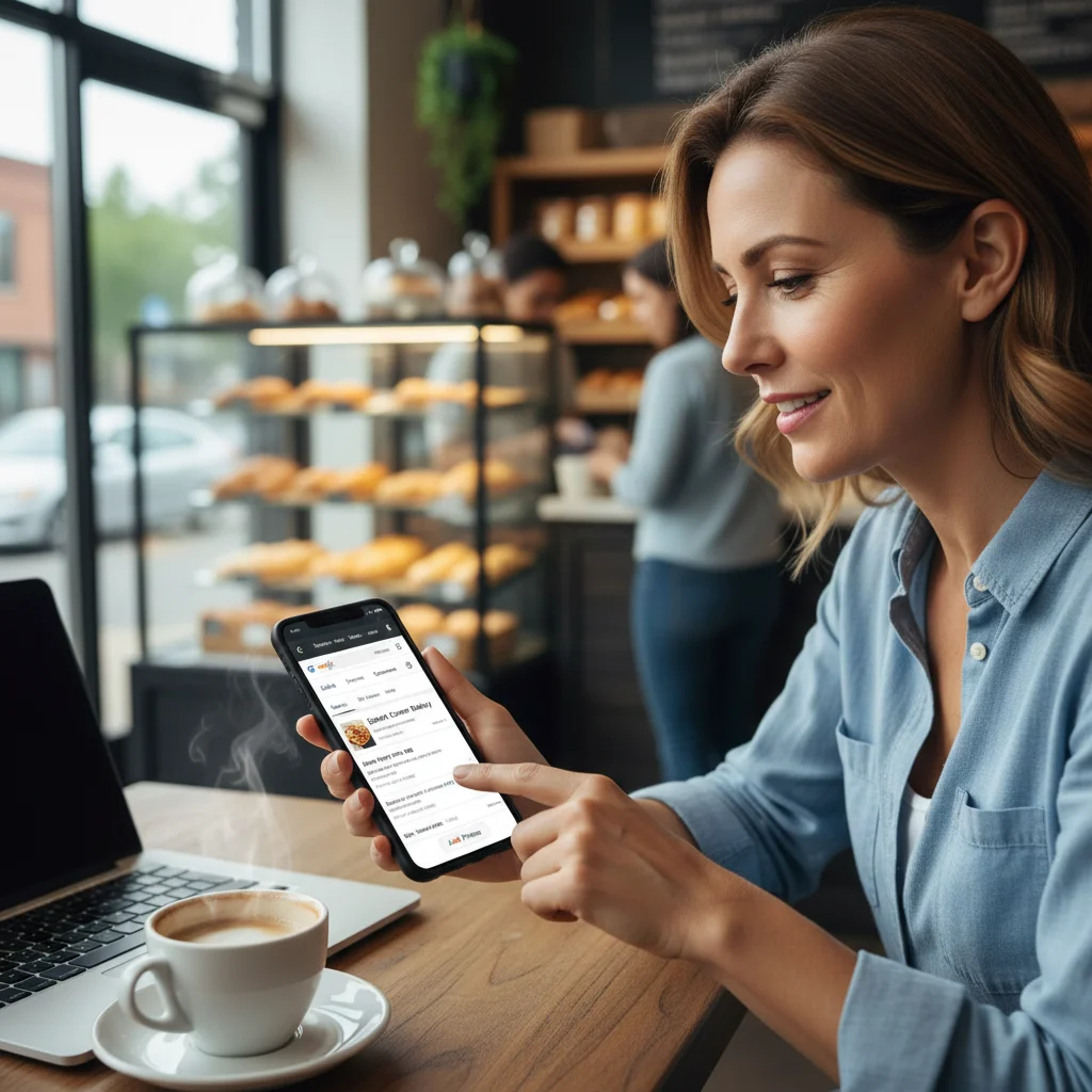 Small business owner celebrating SEO success, showing laptop screen with search rankings beating major brands