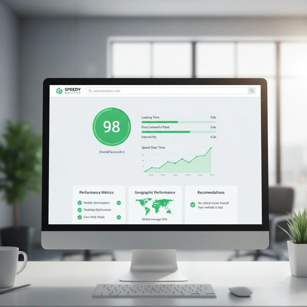 Website speed test dashboard showing fast loading times and performance metrics