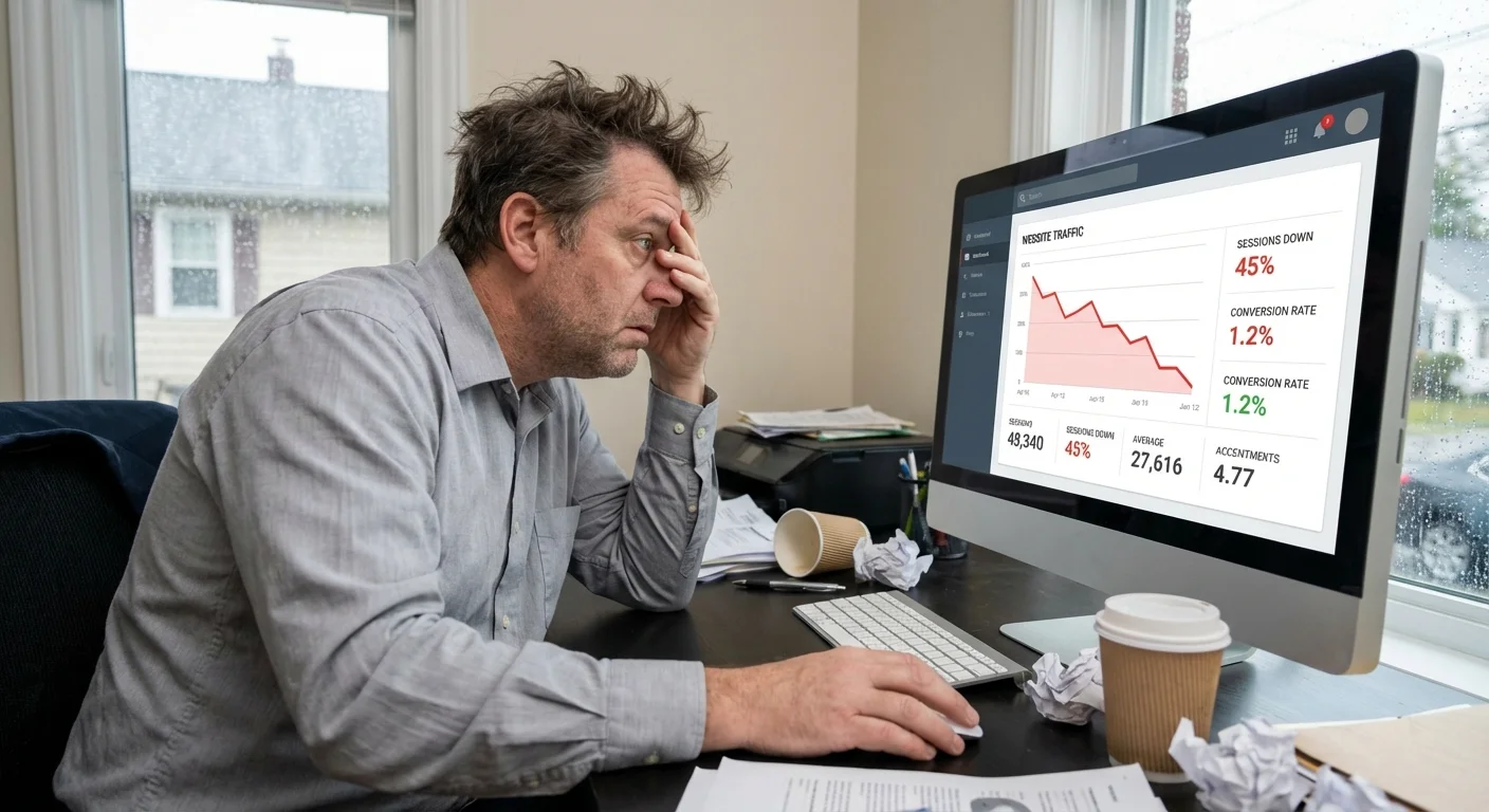 Business owner looking frustrated at declining website analytics on computer screen