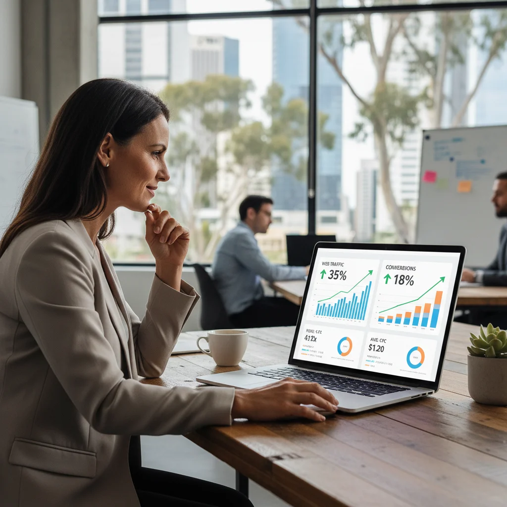 Australian business owner reviewing digital marketing analytics on laptop showing increased traffic and conversions