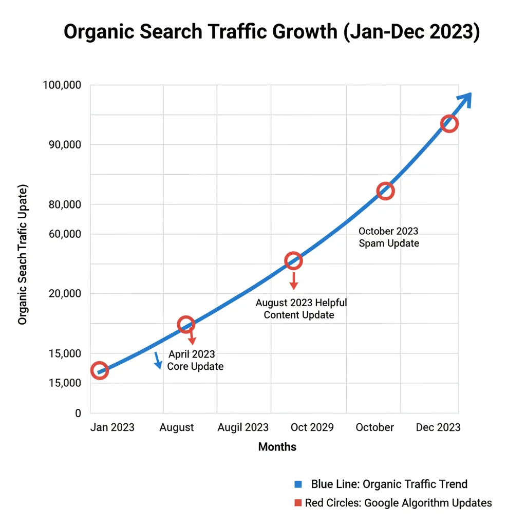 Graph showing steady growth in organic search traffic over 12 months with Google algorithm update markers