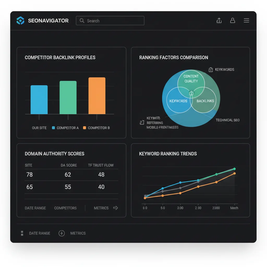 SEO competitor analysis dashboard showing backlink profiles and ranking factors