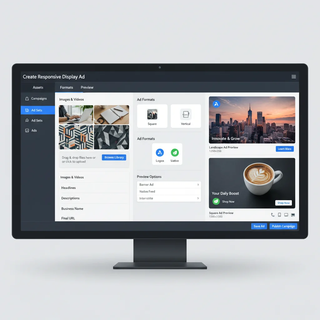 Google Ads responsive display ad creation showing multiple ad formats and preview options