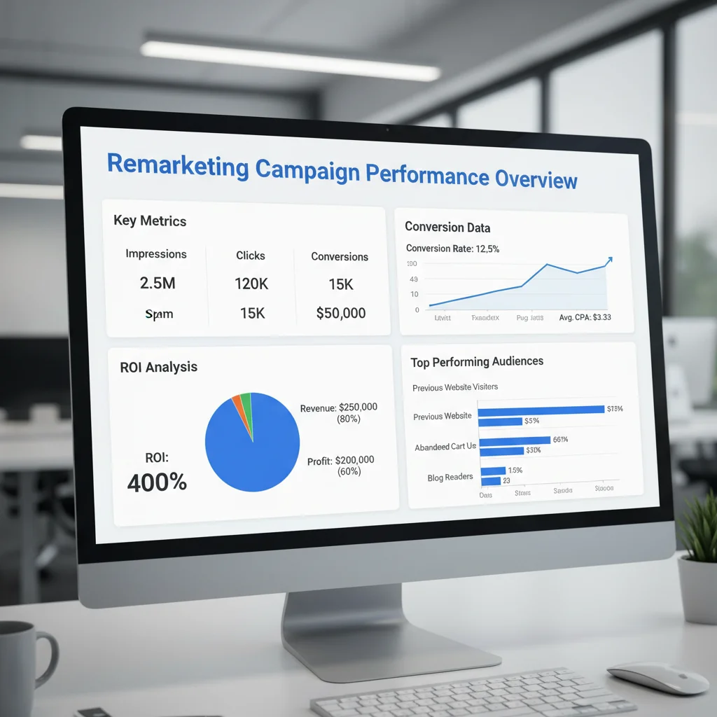 Google Ads performance dashboard showing remarketing campaign metrics and conversion data analysis