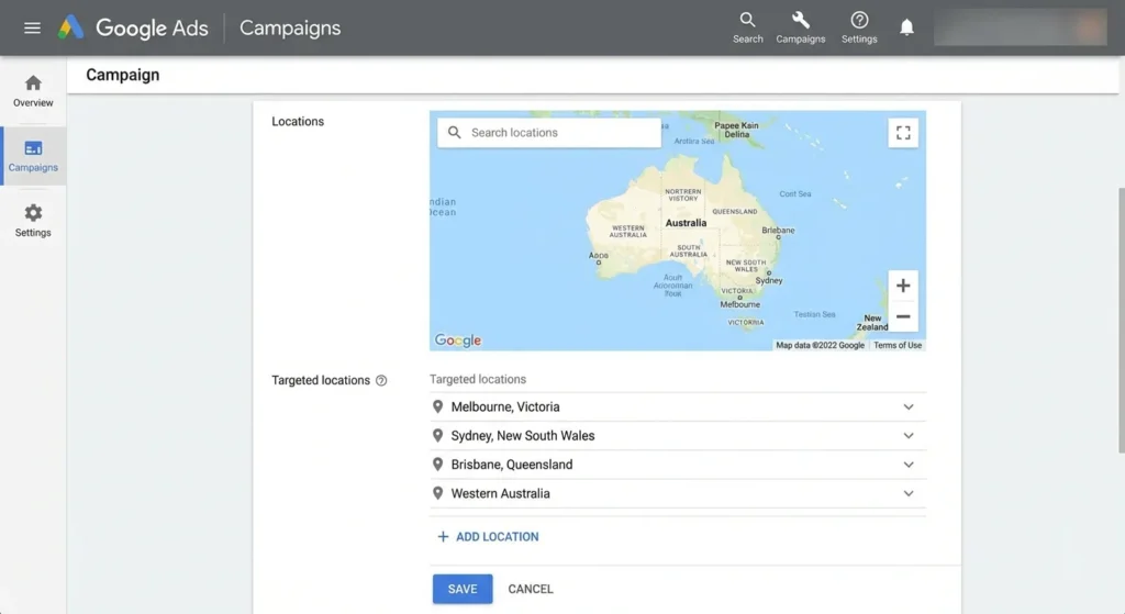 Google Ads geotargeting interface showing location targeting options for Australian businesses
