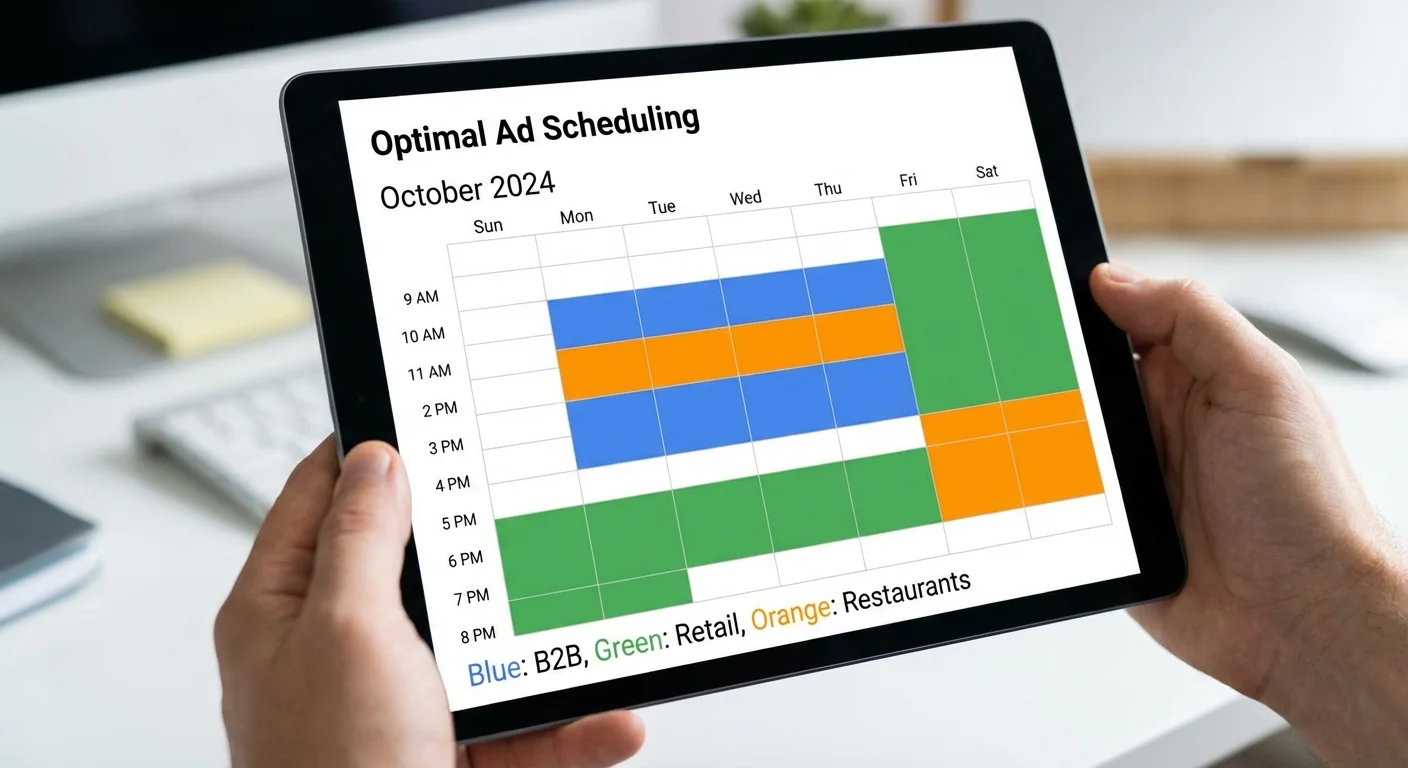 Calendar view showing optimal ad scheduling times for different business types