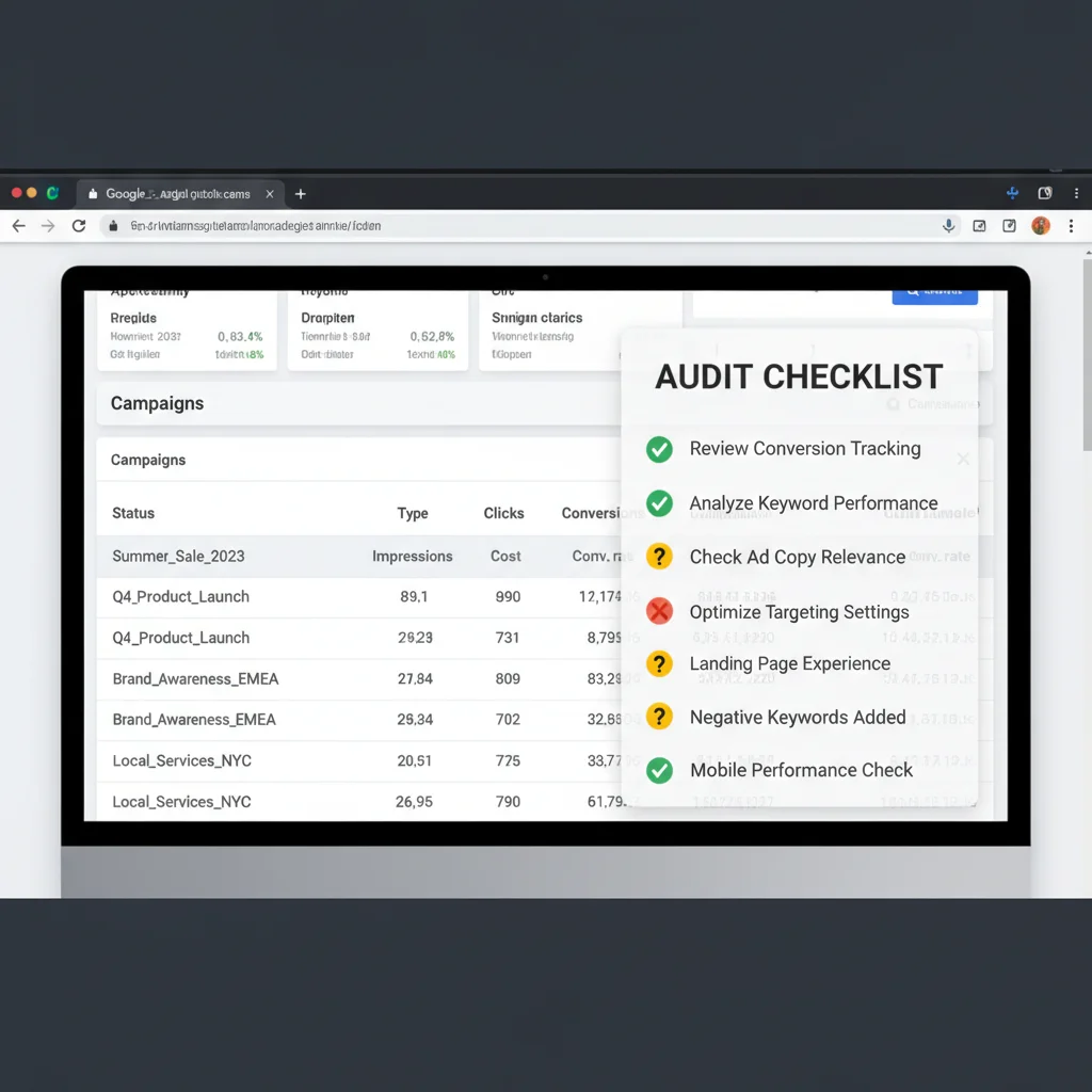 Google Ads account dashboard showing campaign performance metrics and audit checklist