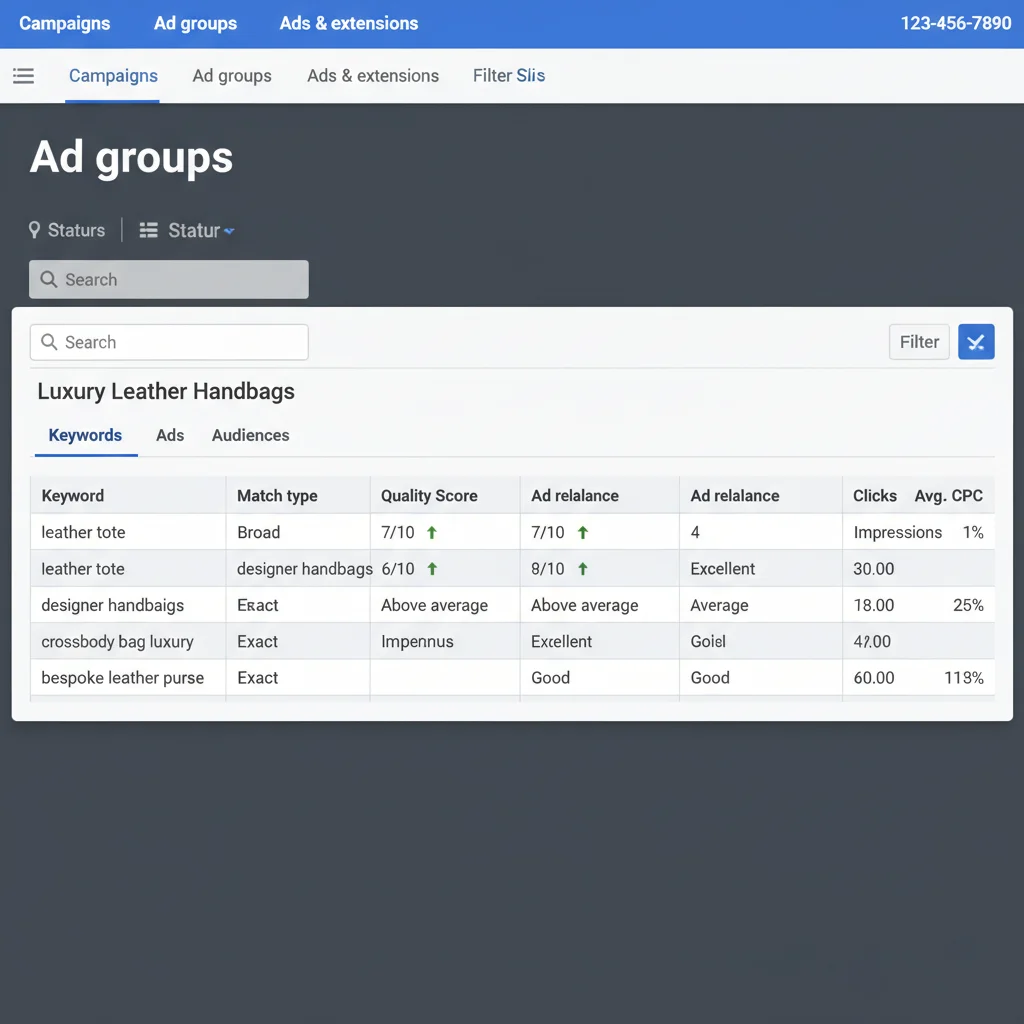 Google Ads ad group structure showing keyword organisation and quality score metrics