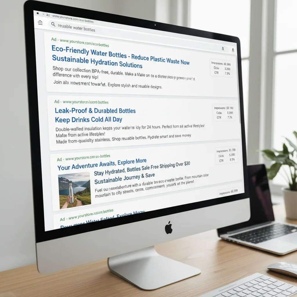 Google Ads ad copy examples showing headlines, descriptions and performance metrics