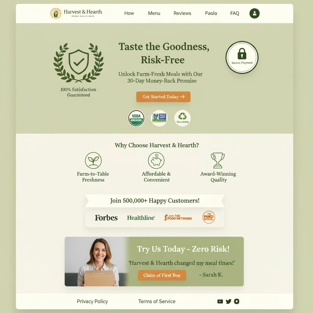 Landing page showing risk-free guarantee badges and trust signals