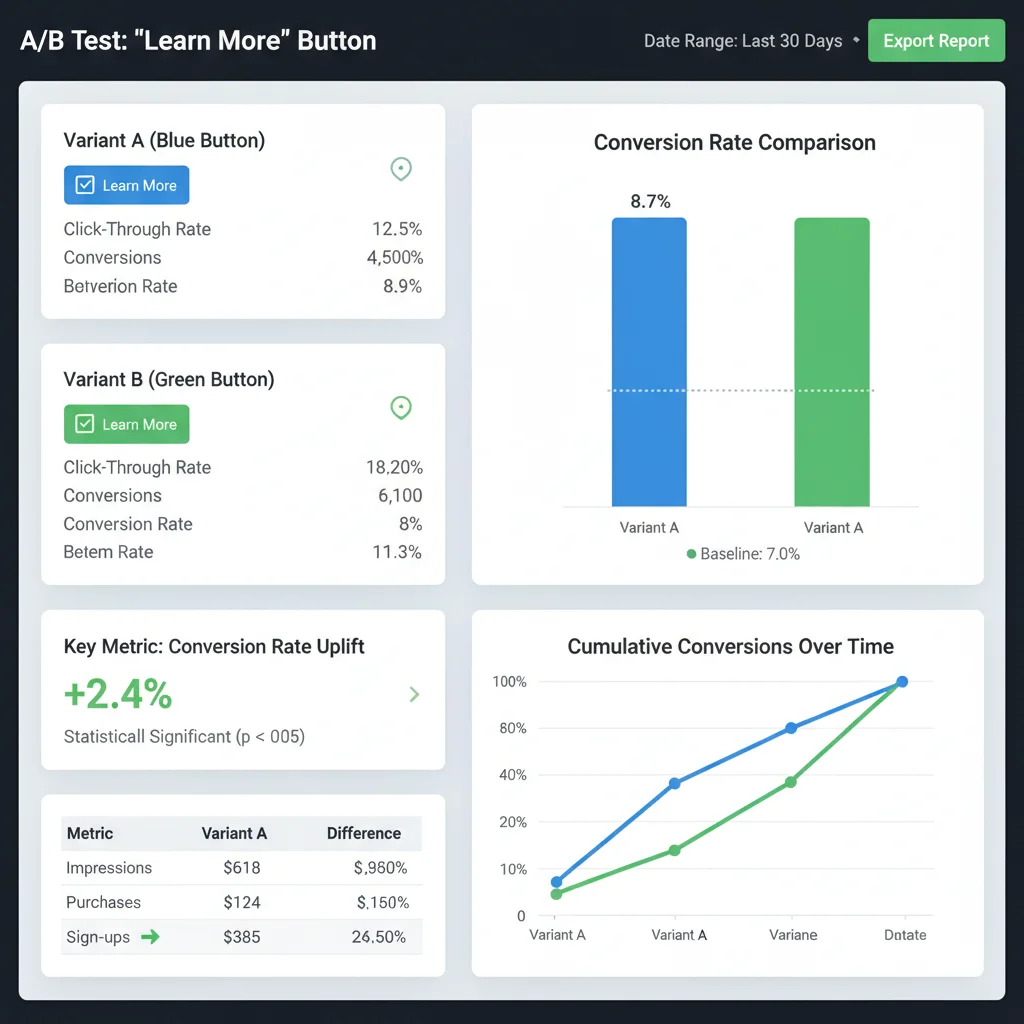 A/B testing dashboard showing CTA button performance comparison