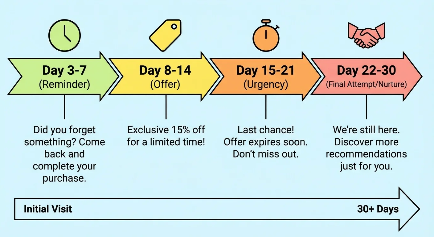 Sequential remarketing campaign timeline showing progressive ad messaging strategy