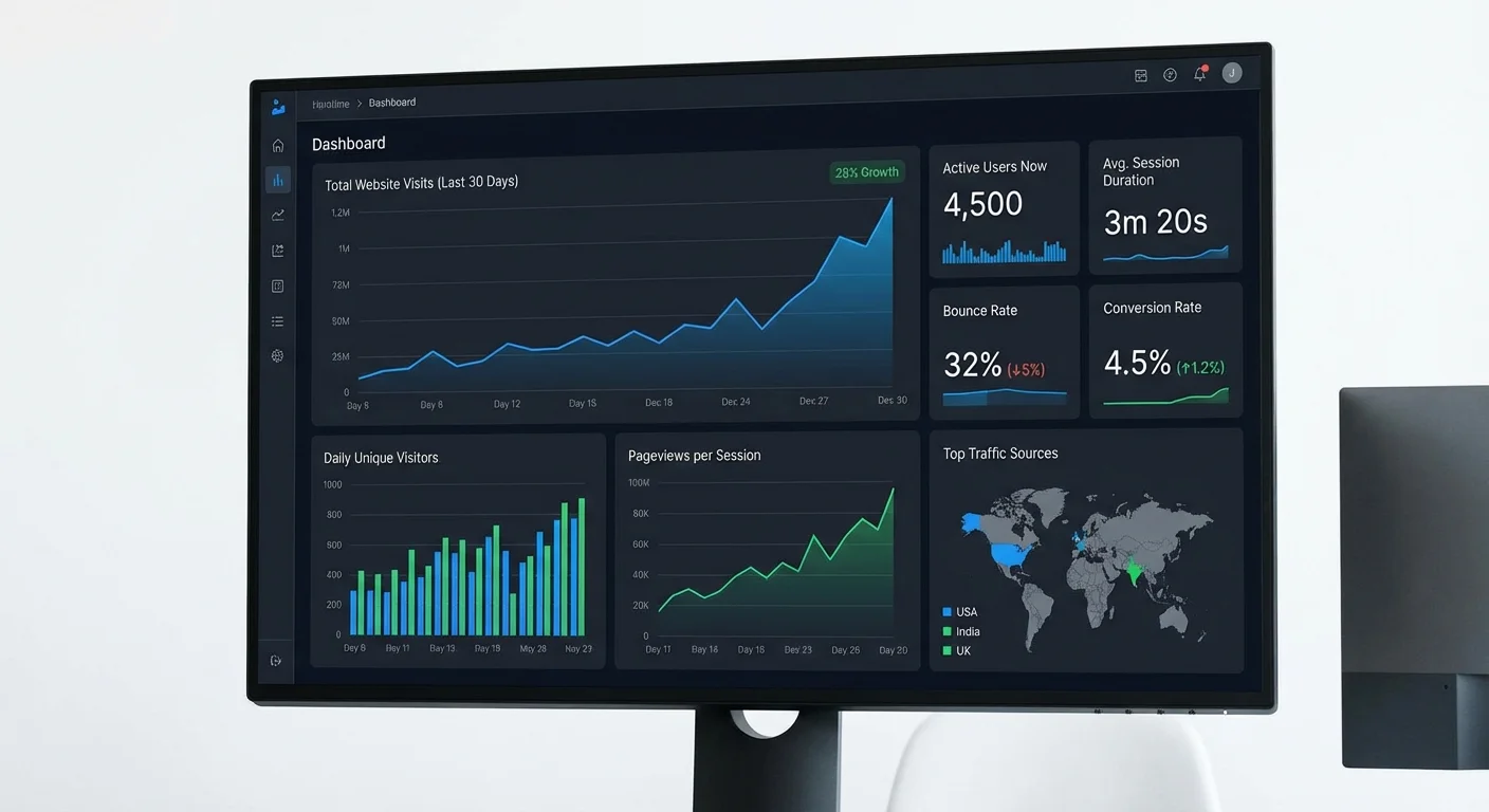 Website traffic dashboard showing increased visitors and engagement metrics