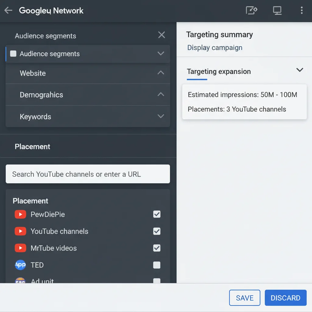 Display Network targeting interface showing placement targeting options