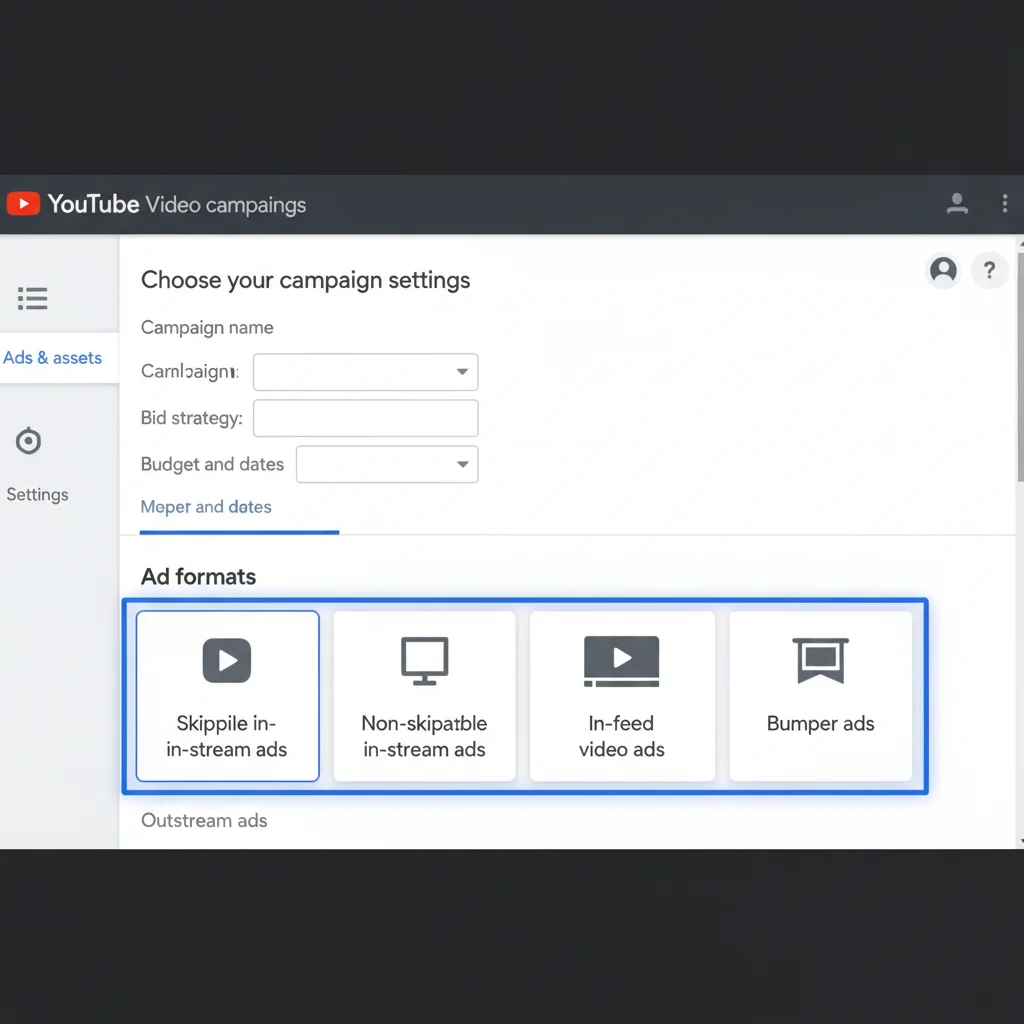 YouTube ads dashboard showing different campaign types and setup options