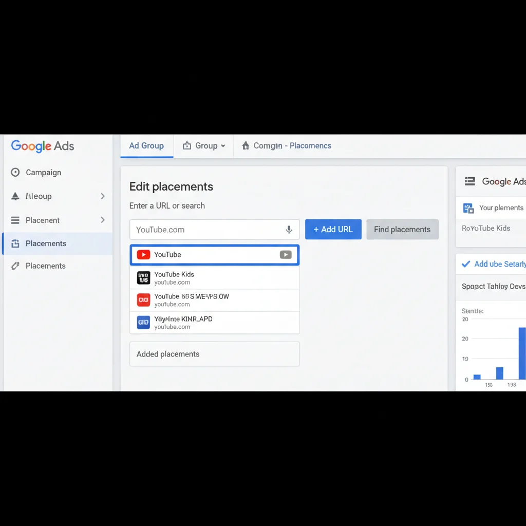 YouTube placement targeting setup showing URL input and selection process
