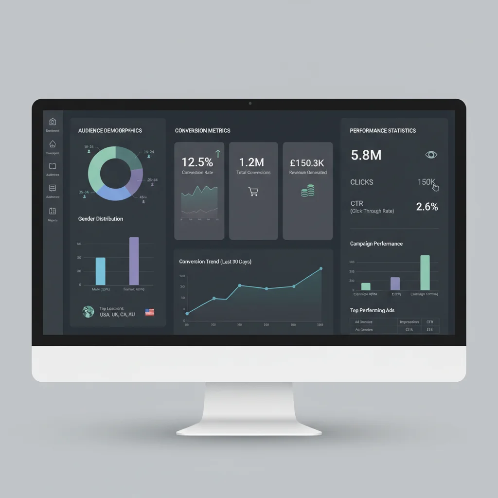 Data analysis dashboard showing audience demographics and conversion metrics for display advertising campaigns