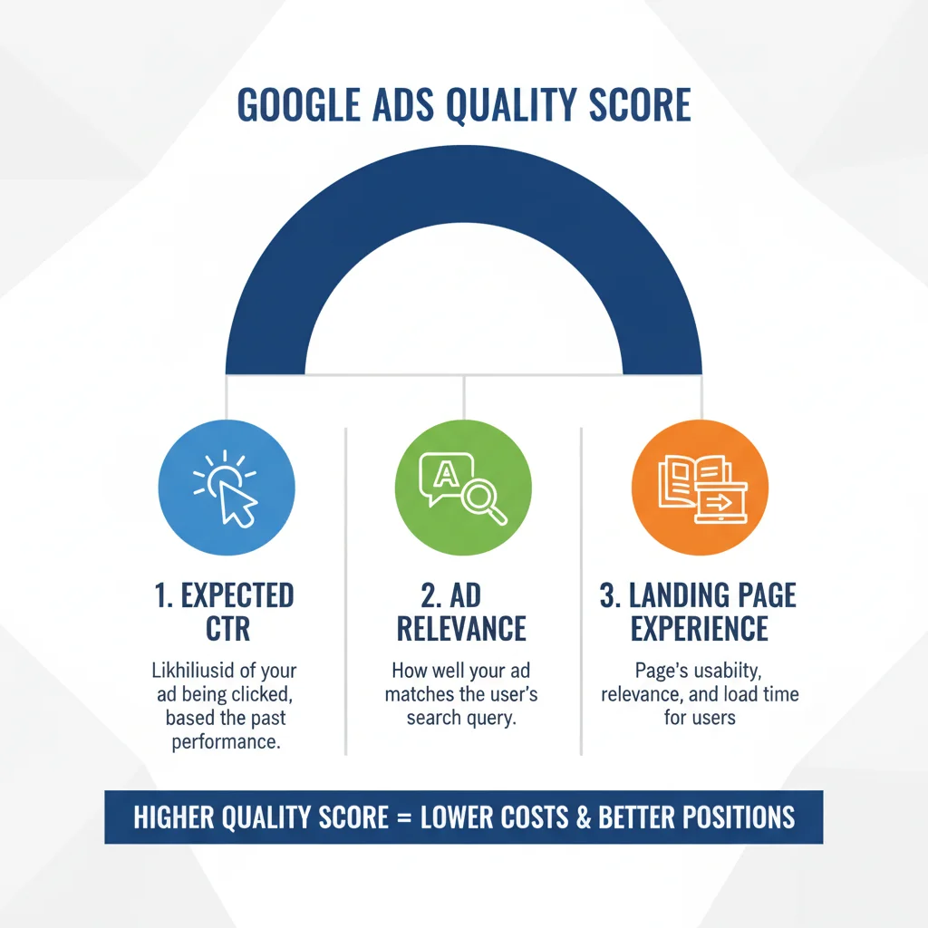 Three pillars of Google Ads Quality Score optimisation infographic