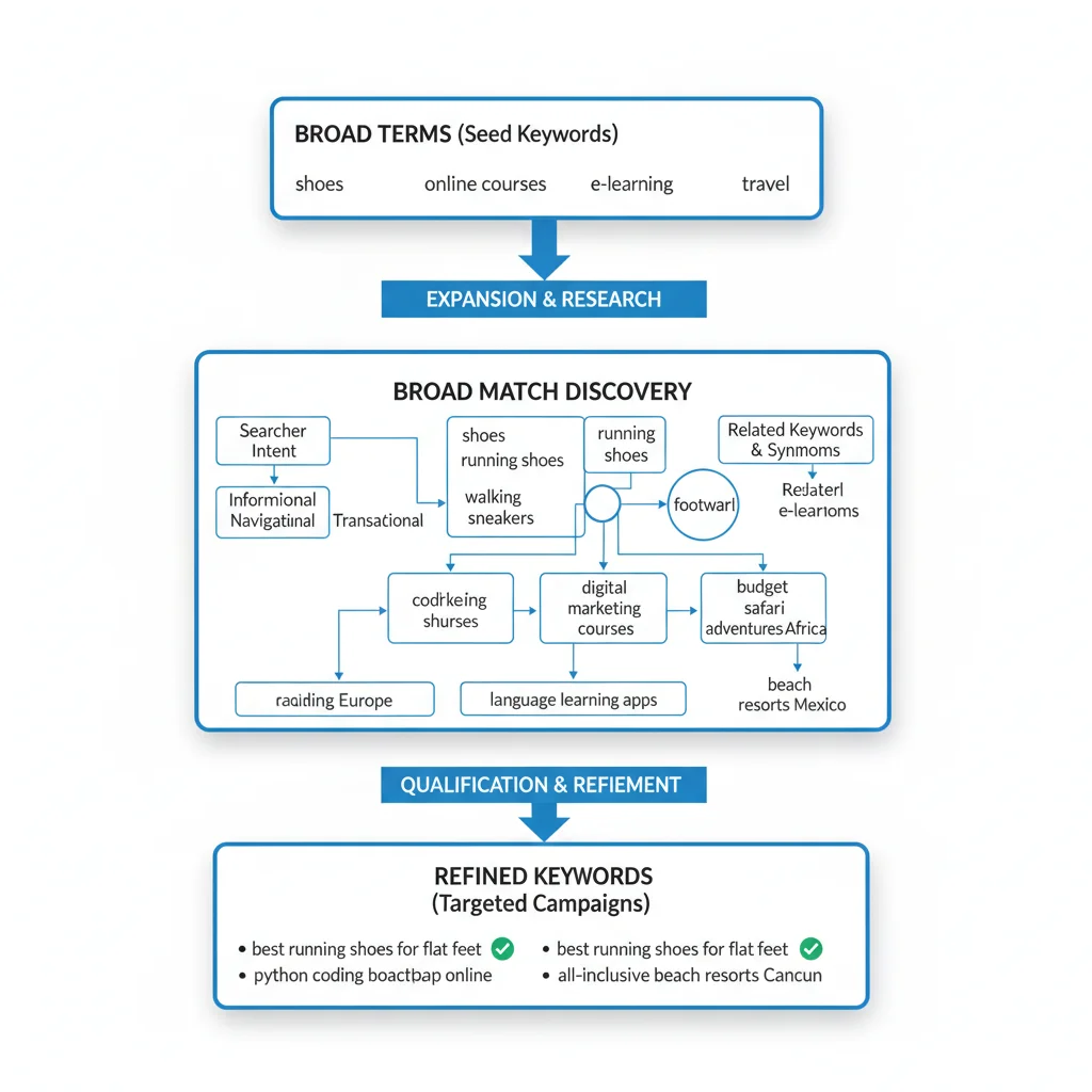 Broad match keyword discovery workflow diagram
