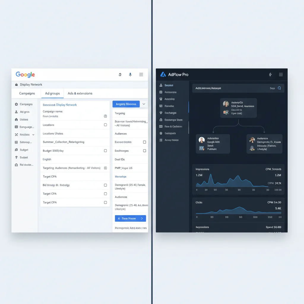 Split screen showing Google Display Network campaign setup versus programmatic DSP interface