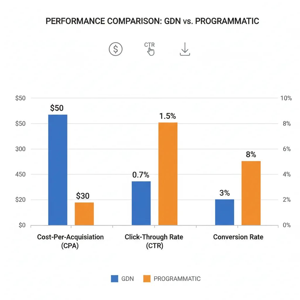 Performance comparison graph showing cost-per-acquisition differences between GDN and programmatic campaigns