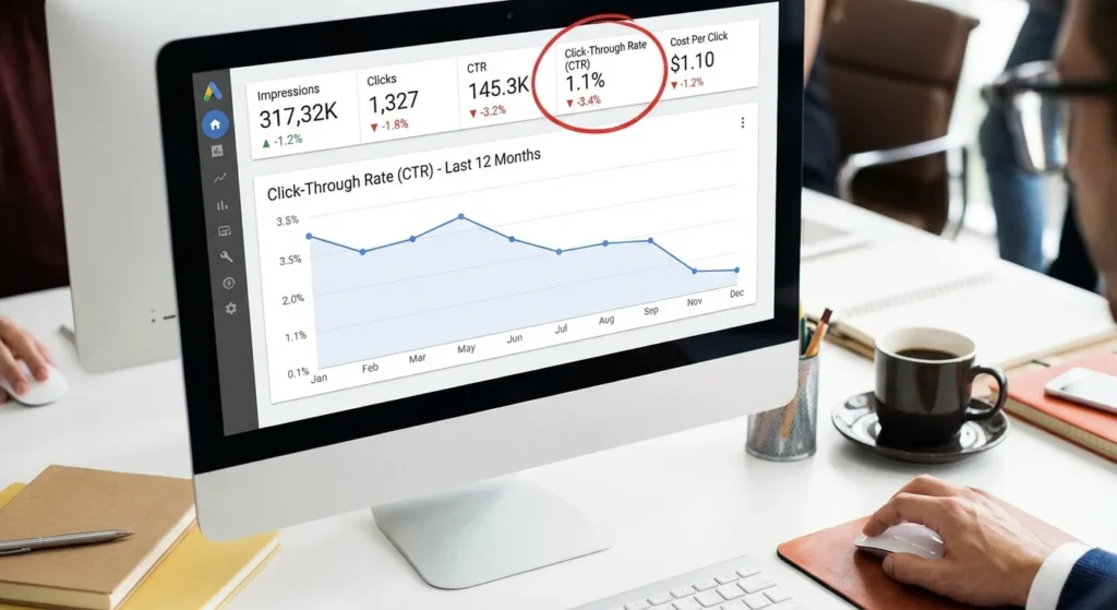 Google Ads campaign performance dashboard showing declining click-through rates due to ad fatigue