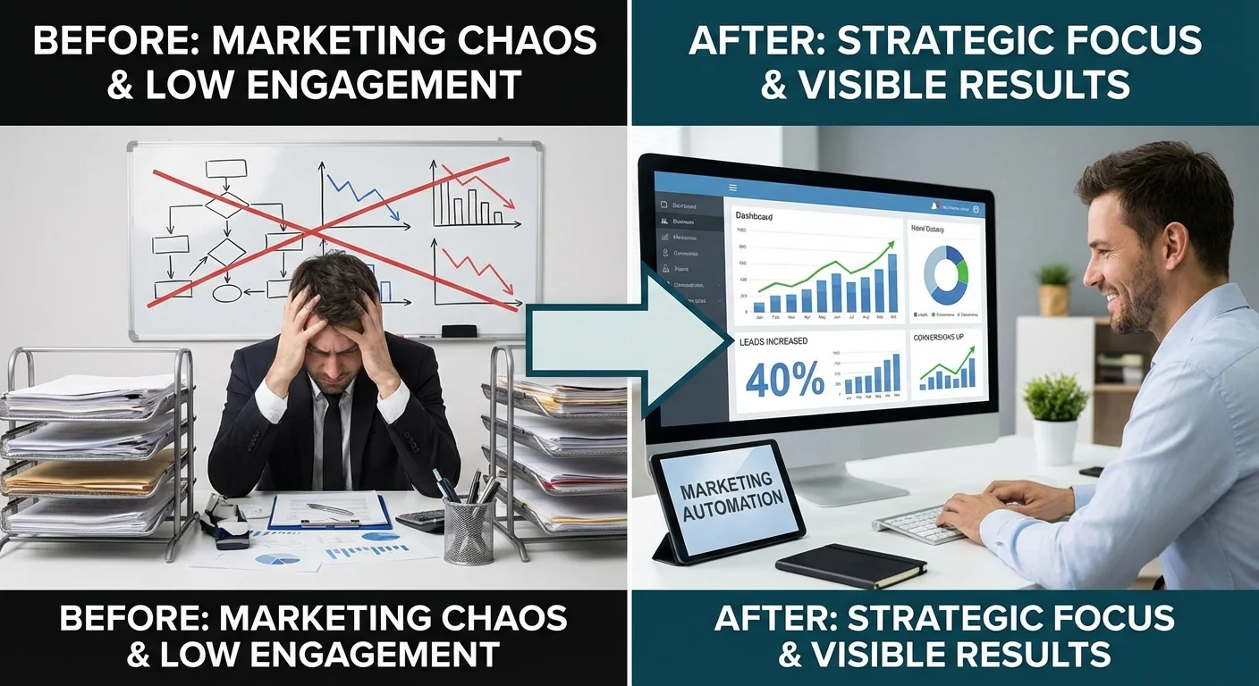 Before and after comparison showing pain point resolution in PPC advertising