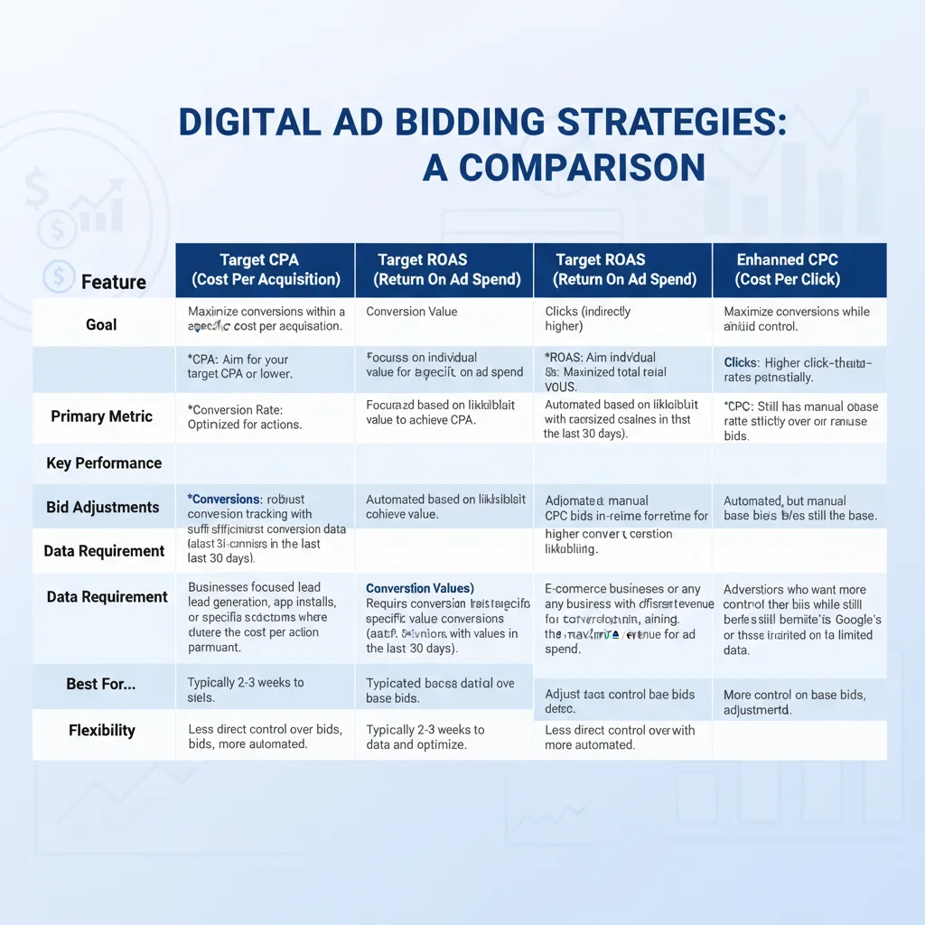 Comparison chart of Target CPA, Target ROAS and Enhanced CPC bidding strategies with performance metrics