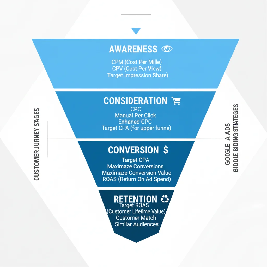 Customer journey funnel showing different Google Ads bidding strategies for awareness, consideration and conversion stages