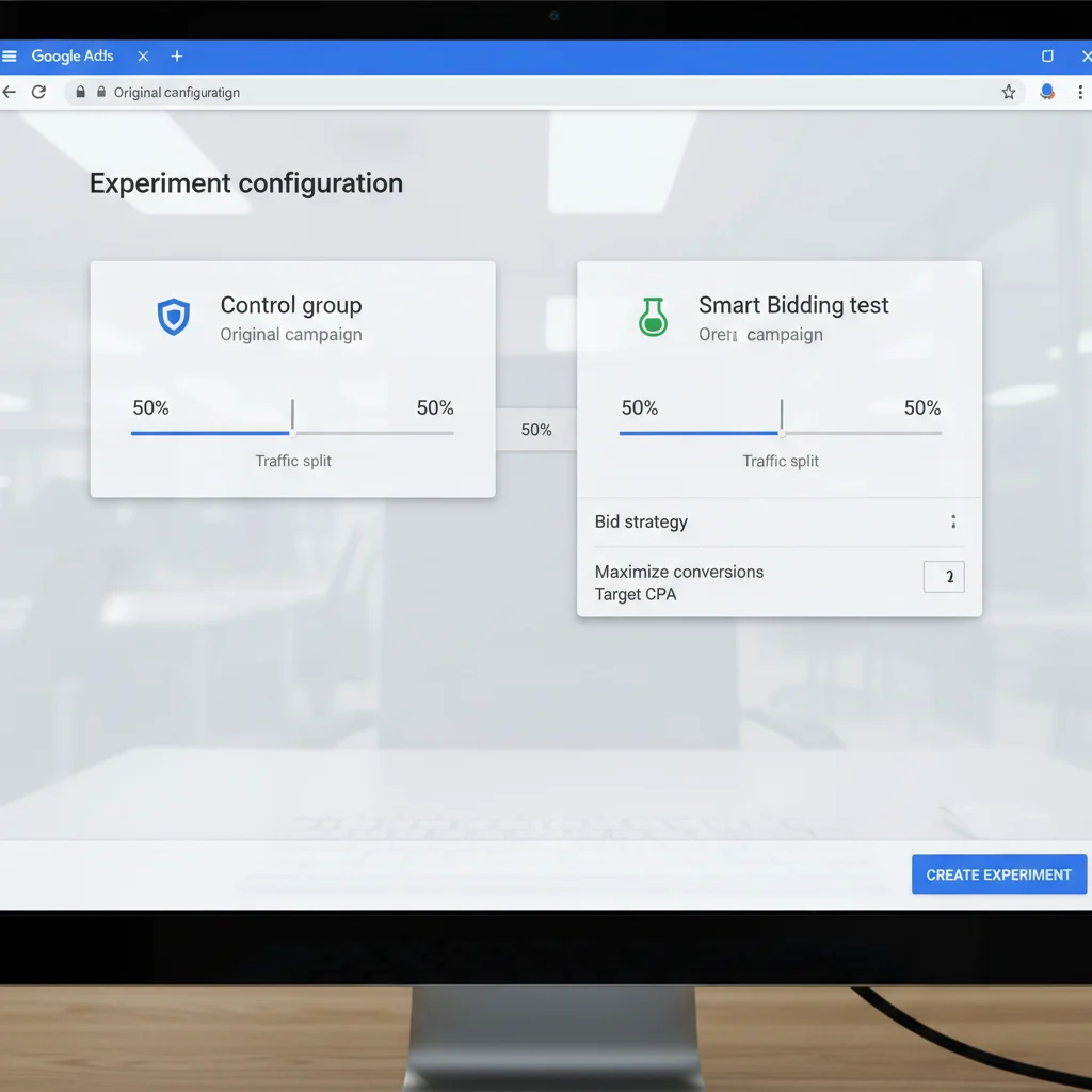 Google Ads experiment setup showing 50/50 traffic split between manual and Smart Bidding strategies