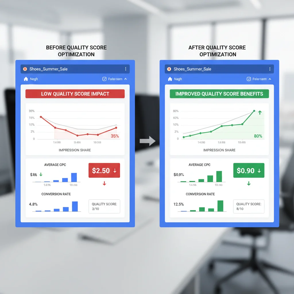 Google Ads performance dashboard showing Quality Score impact on key metrics